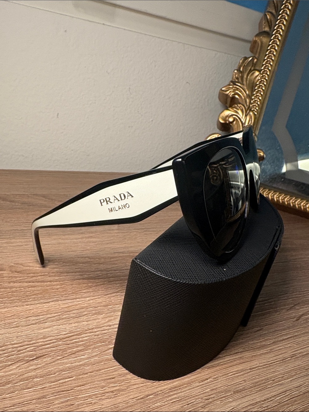 Prada Black Frame with White Arms Cat-Eye Sunglasses- With Case. AS IS - Picture 2 of 14
